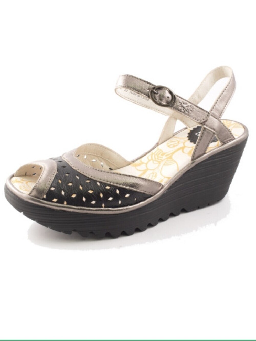 Fly London Women's Yumo Wedge Sandal Black/Bronze Size EU 40